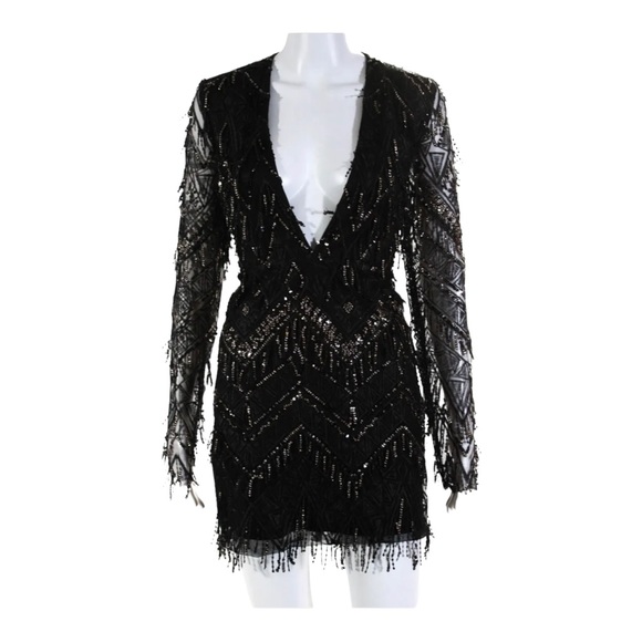 NWT BY THE WAY x Revolve Black Sequin Fringe Long Sleeve Mini Dress XL Cocktail - Picture 8 of 11